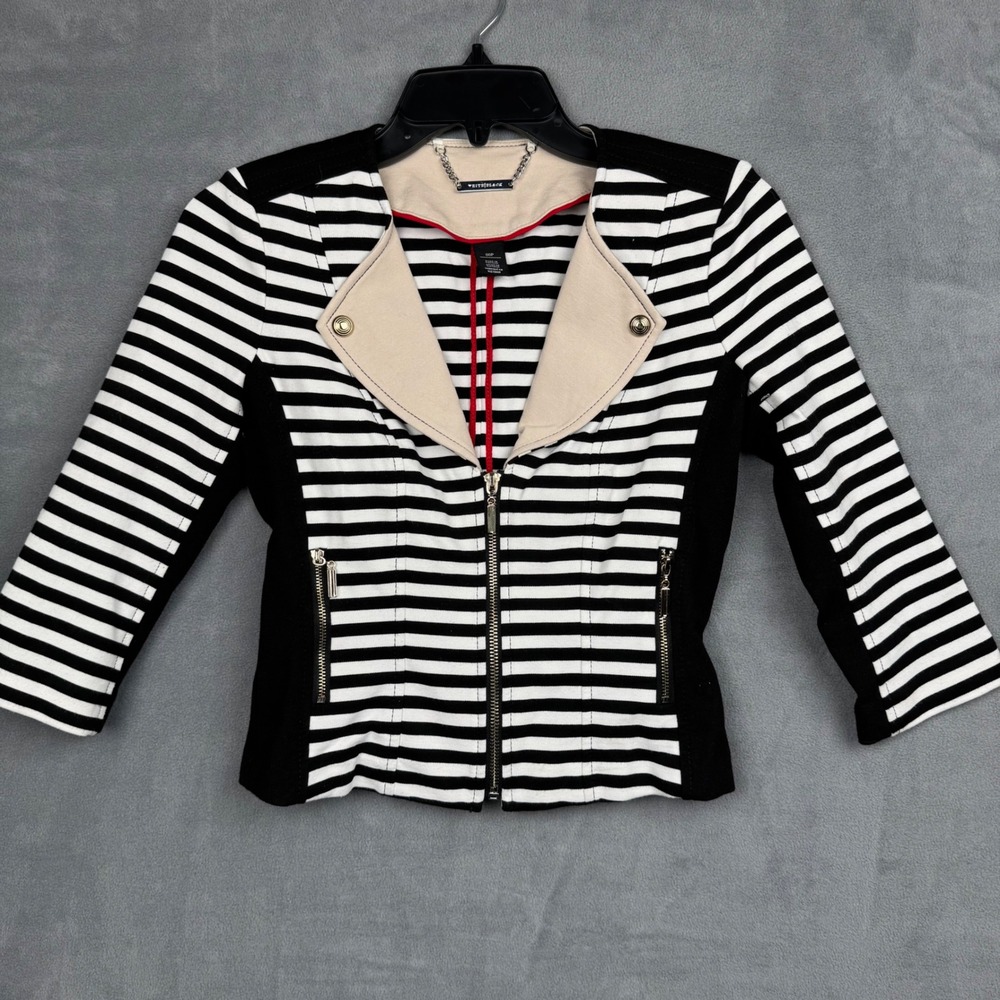 White House Black Market‎ Striped Moto Jacket Black White Beige Zip Biker Womens